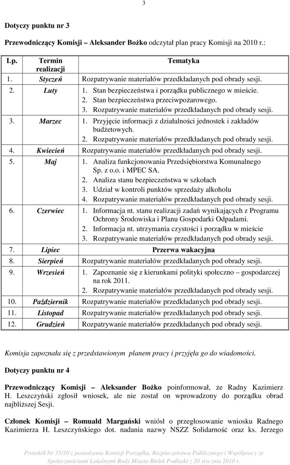 Rozpatrywanie materiałów przedkładanych pod obrady sesji. 3. Marzec 1. Przyjęcie informacji z działalności jednostek i zakładów budŝetowych. 2.