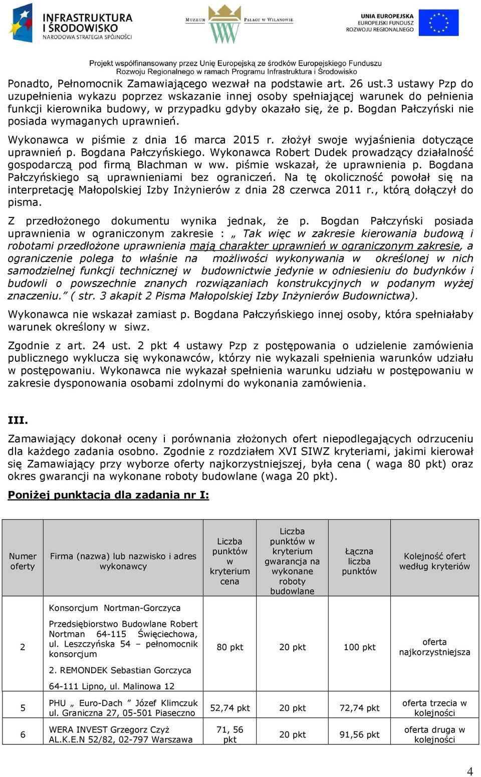 Bogdan Pałczyński nie posiada wymaganych uprawnień. Wykonawca w piśmie z dnia 16 marca 2015 r. złożył swoje wyjaśnienia dotyczące uprawnień p. Bogdana Pałczyńskiego.