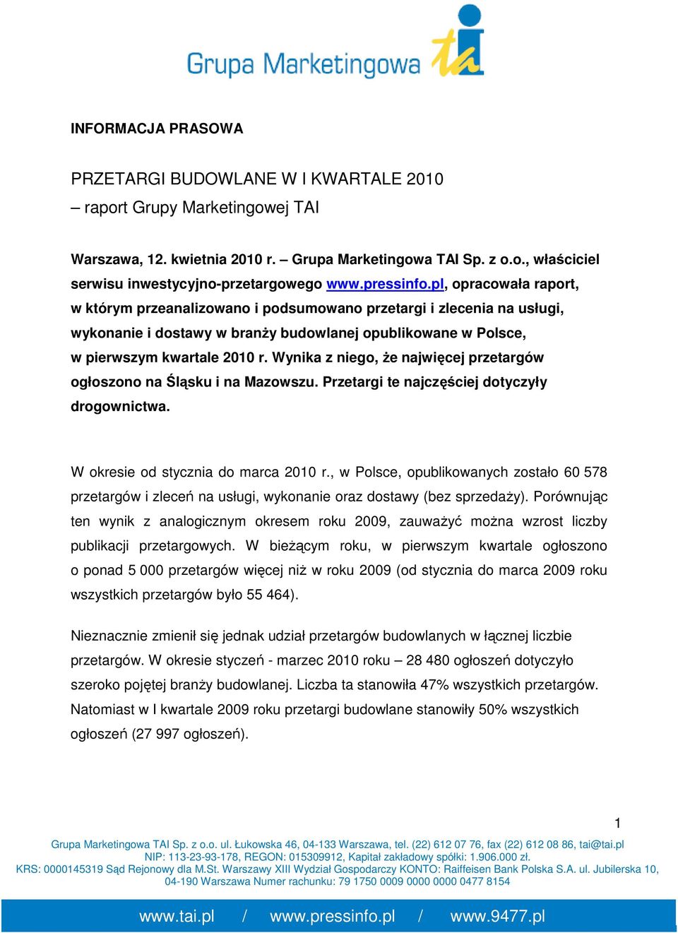 Wynika z niego, Ŝe najwięcej przetargów ogłoszono na Śląsku i na Mazowszu. Przetargi te najczęściej dotyczyły drogownictwa. W okresie od stycznia do marca 2010 r.