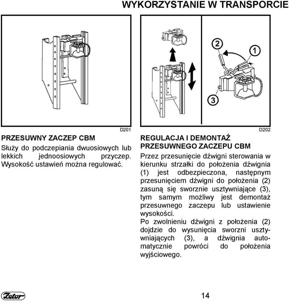 następnym przesunięciem dźwigni do położenia (2) zasuną się sworznie usztywniające (3), tym samym możliwy jest demontaż przesuwnego zaczepu lub ustawienie