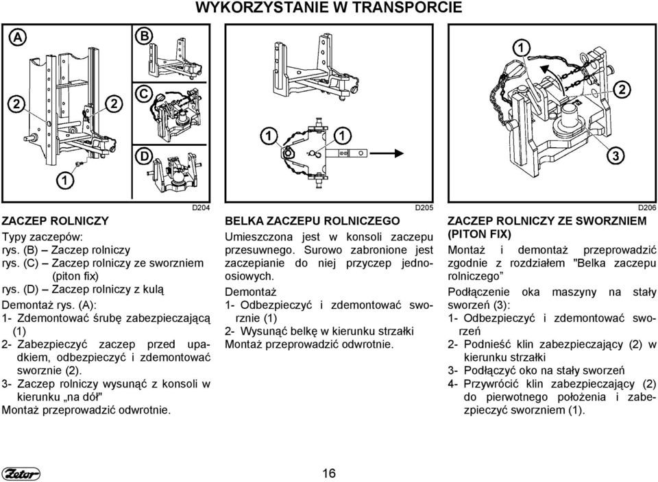 3- Zaczep rolniczy wysunąć z konsoli w kierunku na dół" Montaż przeprowadzić odwrotnie. D204 D205 D206 BELKA ZACZEPU ROLNICZEGO Umieszczona jest w konsoli zaczepu przesuwnego.