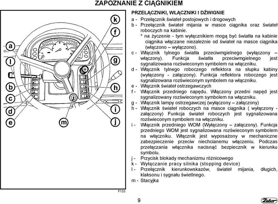 c - Włącznik tylnego światła przeciwmgielnego (wyłączony włączony). Funkcja światła przeciwmgielnego jest sygnalizowana rozświeconym symbolem na włączniku.