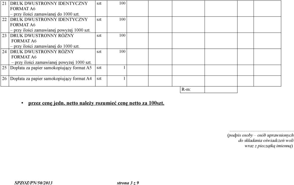 papier samokopiujący format A4 szt 1 R-m: przez cenę jedn. netto należy rozumieć cenę netto za 100szt.