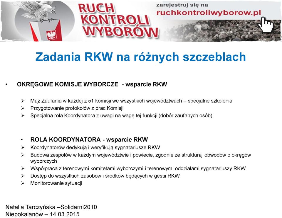 Koordynatorów dedykują i weryfikują sygnatariusze RKW Budowa zespołów w każdym województwie i powiecie, zgodnie ze strukturą obwodów o okręgów wyborczych