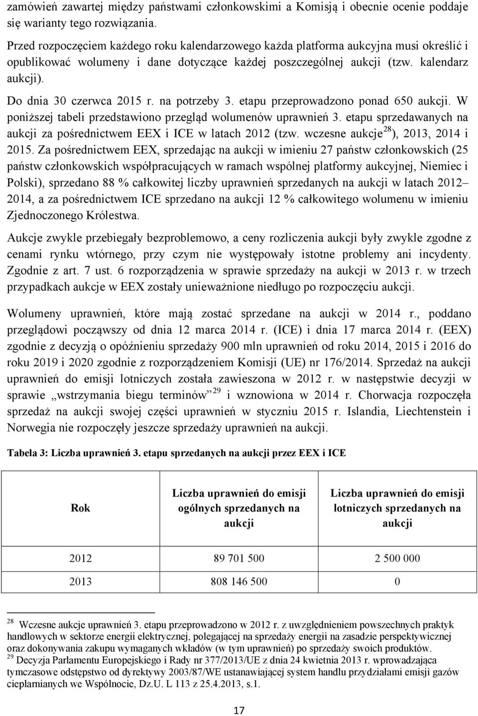 Do dnia 30 czerwca 2015 r. na potrzeby 3. etapu przeprowadzono ponad 650 aukcji. W poniższej tabeli przedstawiono przegląd wolumenów uprawnień 3.