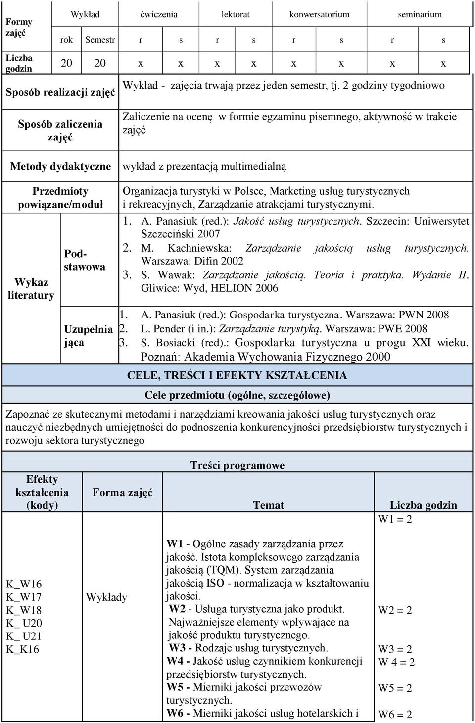 literatury Podstawowa Uzupełnia jąca Organizacja turystyki w Polsce, Marketing usług turystycznych i rekreacyjnych, Zarządzanie atrakcjami turystycznymi. 1. A. Panasiuk (red.