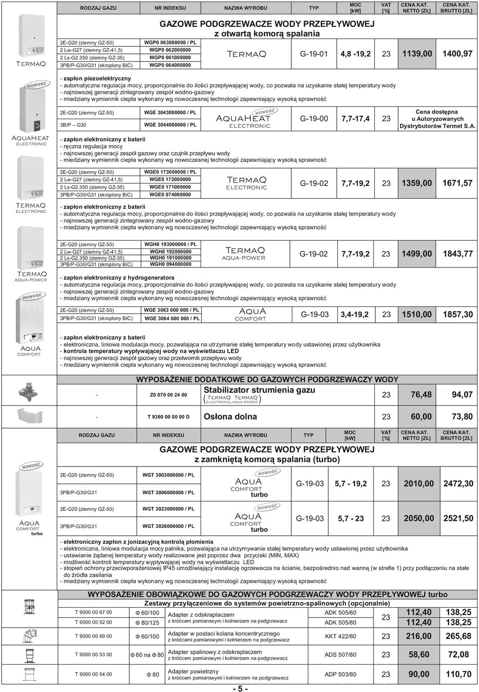 G-19-01 4,8-19,2 1139,00 1400,97 - zapłon piezoelektryczny -automatyczna regulacja mocy, proporcjonalnie do ilości przepływającej wody, co pozwala na uzyskanie stałej temperatury wody -najnowszej