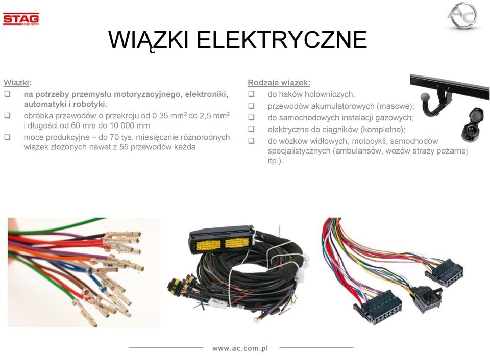 miesięcznie różnorodnych wiązek złożonych nawet z 55 przewodów każda Rodzaje wiązek: do haków holowniczych; przewodów akumulatorowych