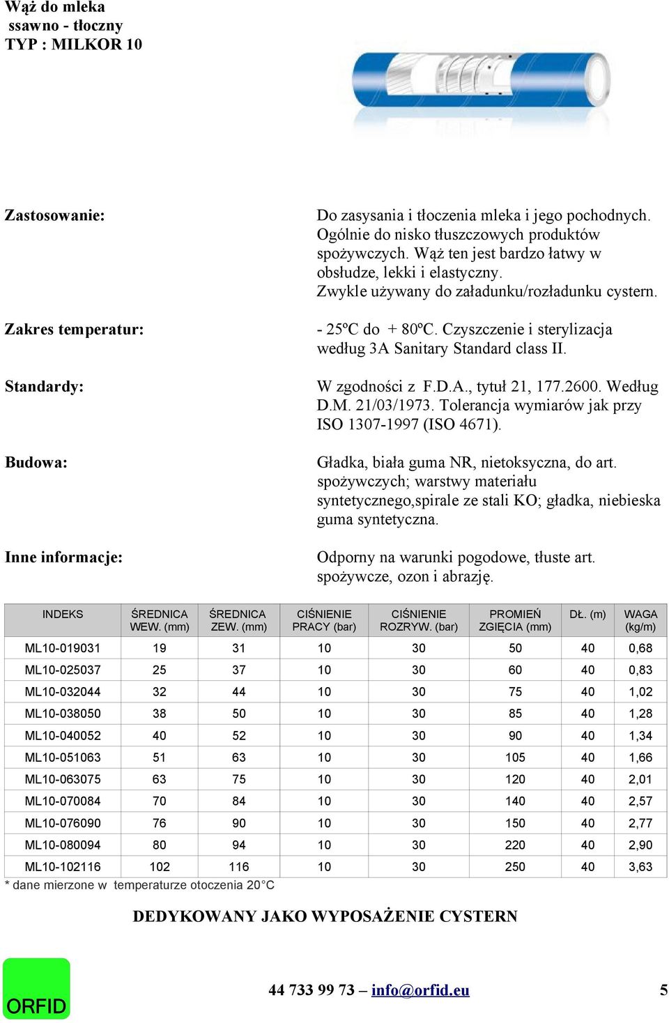 W zgodności z F.D.A., tytuł 21, 177.2600. Według D.M. 21/03/1973. Tolerancja wymiarów jak przy ISO 1307-1997 (ISO 4671). Gładka, biała guma NR, nietoksyczna, do art.