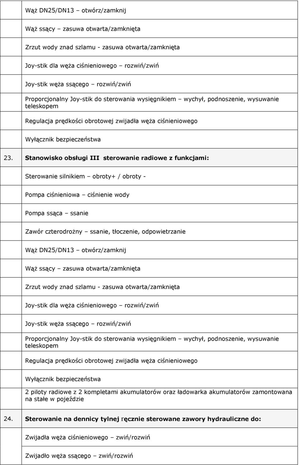 Stanowisko obsługi III sterowanie radiowe z funkcjami: Sterowanie silnikiem obroty+ / obroty - Pompa ciśnieniowa ciśnienie wody Pompa ssąca ssanie Zawór czterodrożny ssanie, tłoczenie, odpowietrzanie