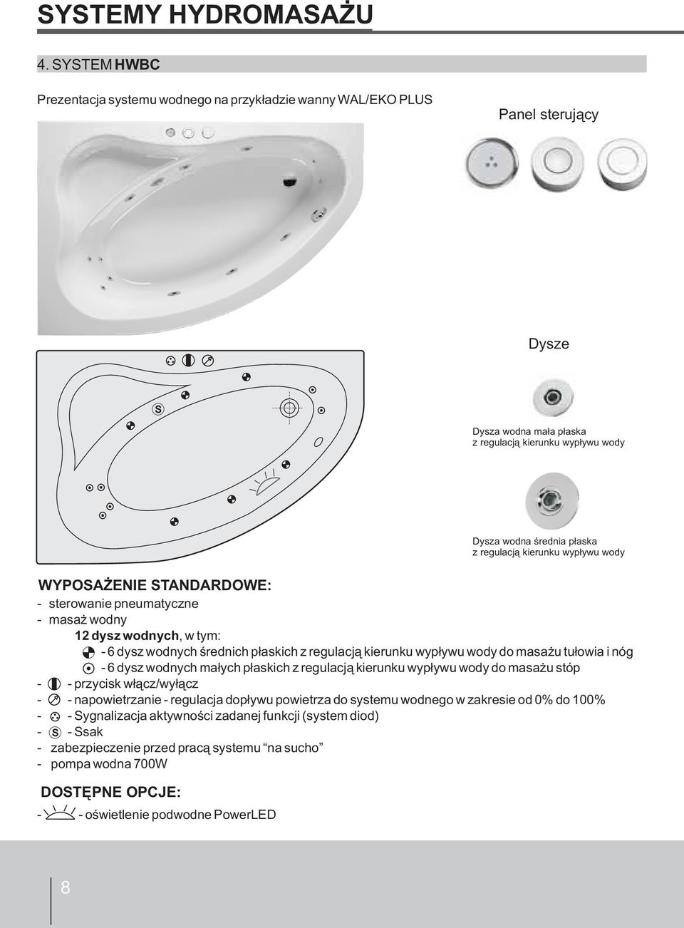 kierunku wypływu wody WYPOSAŻENIE STANDARDOWE: - sterowanie pneumatyczne - masaż wodny 12 dysz wodnych, w tym: - 6 dysz wodnych średnich płaskich z regulacją kierunku wypływu wody do masażu tułowia i