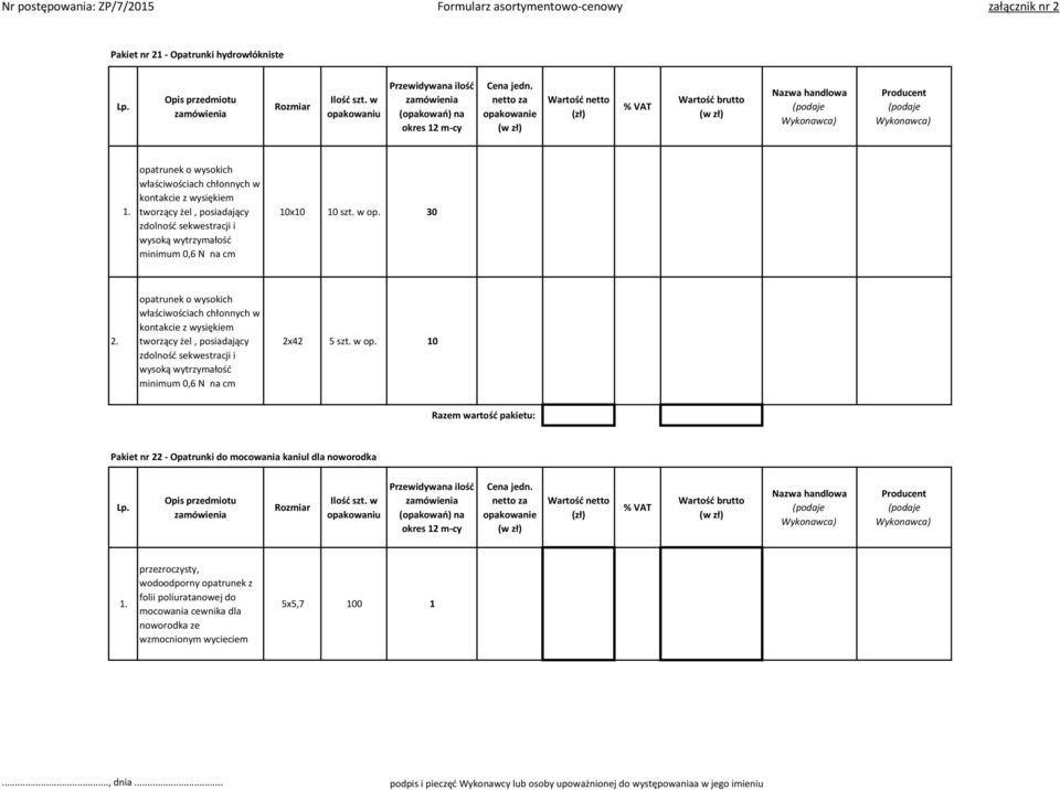 30 opatrunek o wysokich właściwościach chłonnych w kontakcie z wysiękiem tworzący żel, posiadający zdolność sekwestracji i wysoką wytrzymałość