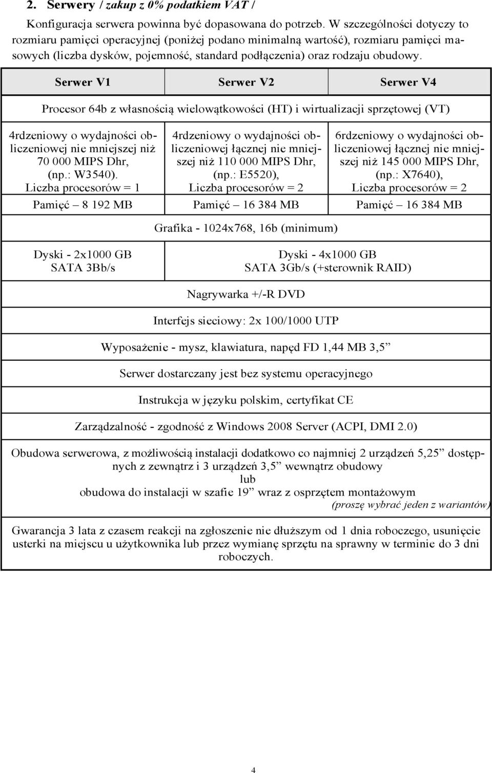 Serwer V1 Serwer V2 Serwer V4 Procesor 64b z własnością wielowątkowości (HT) i wirtualizacji sprzętowej (VT) 4rdzeniowy o wydajności obliczeniowej nie mniejszej niż 70 000 MIPS Dhr, (np.: W3540).