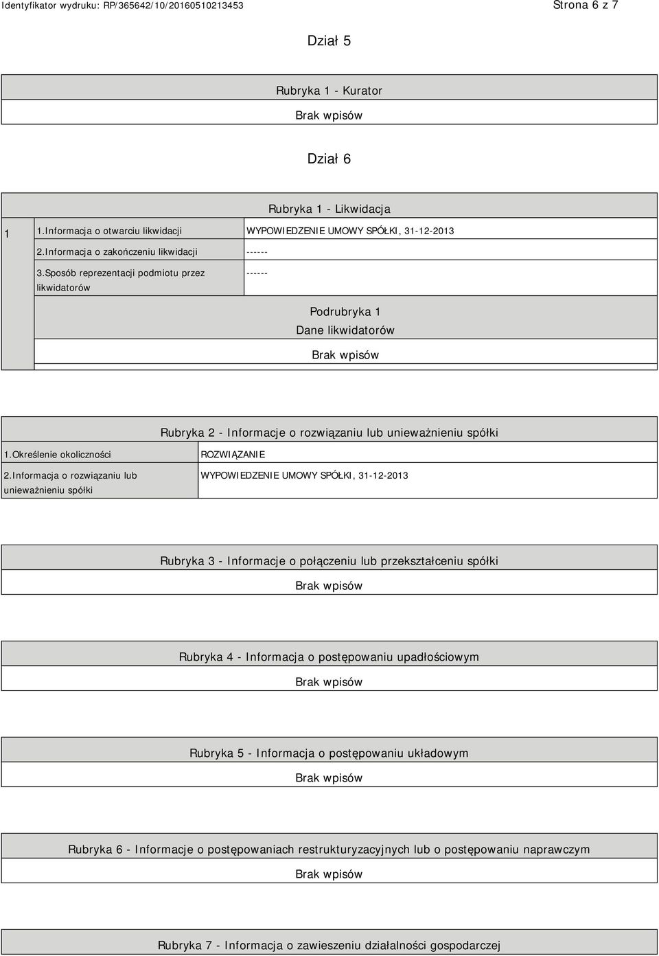 Informacja o rozwiązaniu lub unieważnieniu spółki ROZWIĄZA WYPOWIEDZE UMOWY SPÓŁKI, 31-12-2013 Rubryka 3 - Informacje o połączeniu lub przekształceniu spółki Rubryka 4 - Informacja o