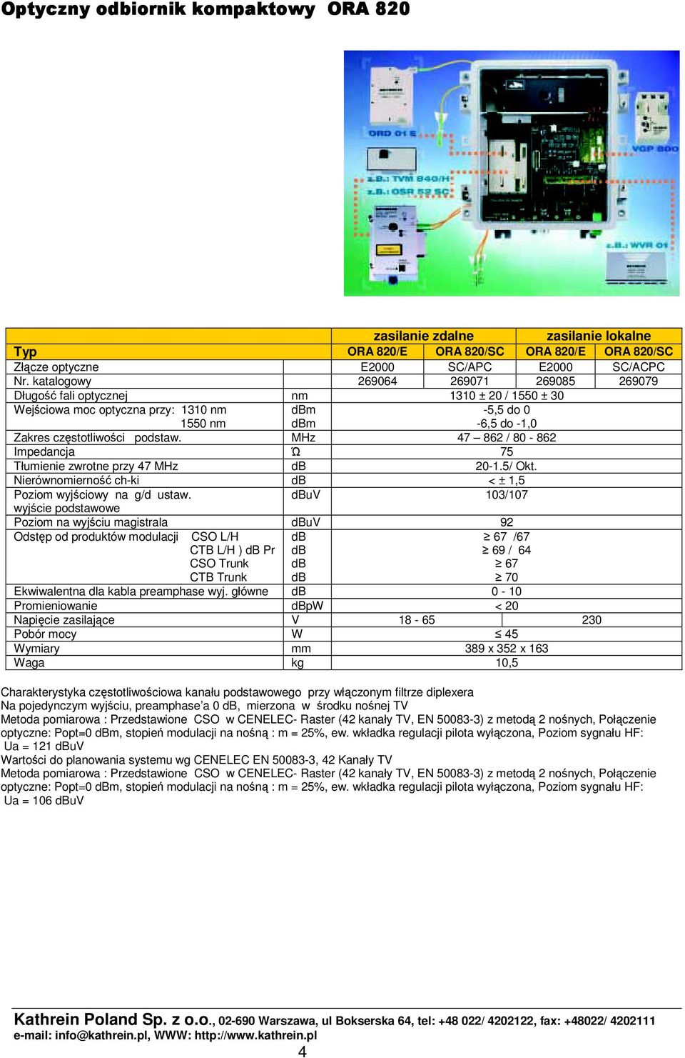 MHz 47 862 / 80-862 Impedancja 75 Tłumienie zwrotne przy 47 MHz 20-1.5/ Okt. Nierównomierno ch-ki < ± 1,5 Poziom wyjciowy na g/d ustaw.