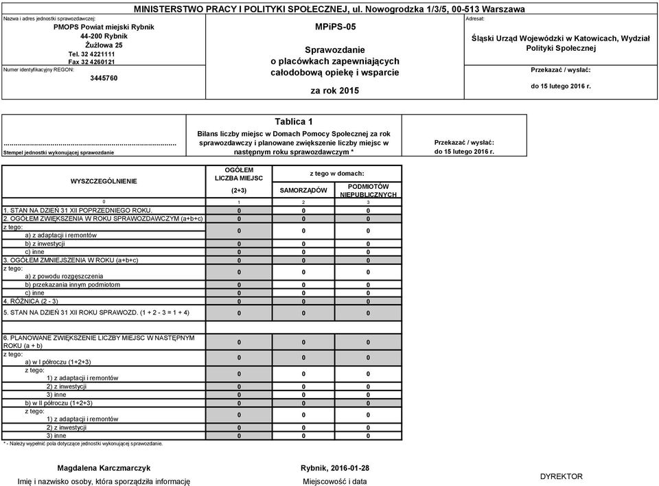 Nowogrodzka 1/3/5, -513 Warszawa MPiPS-5 Sprawozdanie o placówkach zapewniających całodobową opiekę i wsparcie za rok 215 Adresat: Śląski Urząd Wojewódzki w Katowicach, Wydział Polityki Społecznej do