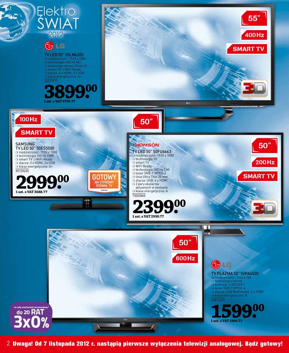 77 TV LED 50 50FU6663 rozdzielczość: 1920 x 1080 technologia 3D smart TV WiFi Ready technologia 200 Hz CMI tuner DVB-T MPEG-4 linia Ultra Thin 35 mm złącza: USB, 4 x HDMI 2 pary okularów aktywnych w