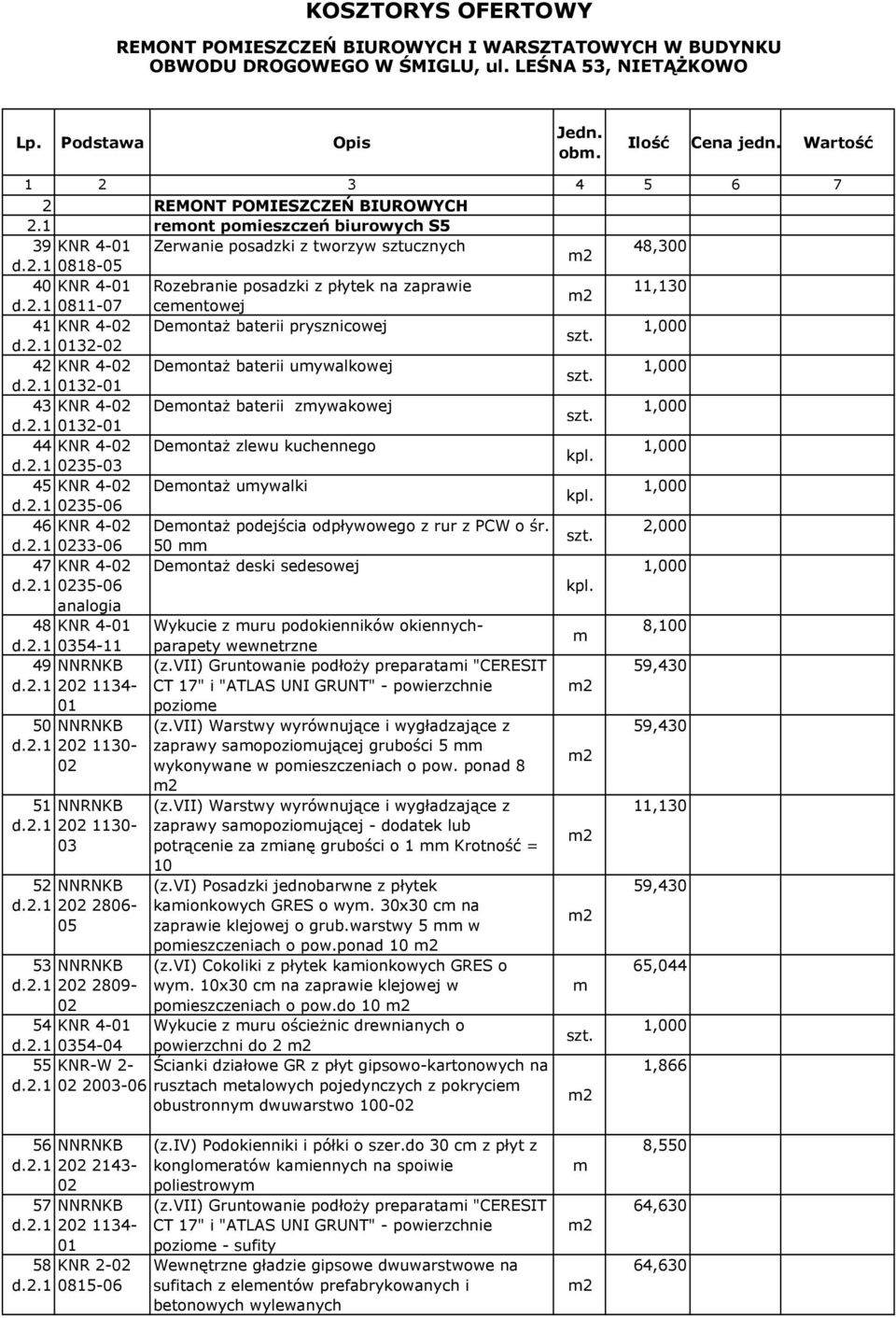 2.1 0811-07 ceentowej 41 KNR 4- Deontaż baterii prysznicowej d.2.1 32-42 KNR 4- Deontaż baterii uywalkowej d.2.1 32-43 KNR 4- Deontaż baterii zywakowej d.2.1 32-44 KNR 4- Deontaż zlewu kuchennego d.2.1 35-03 45 KNR 4- Deontaż uywalki d.