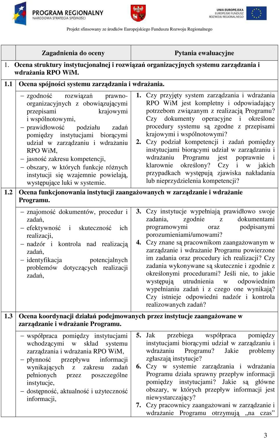 zgodność rozwiązań prawnoorganizacyjnych z obowiązującymi przepisami krajowymi i wspólnotowymi, prawidłowość podziału zadań pomiędzy instytucjami biorącymi udział w zarządzaniu i wdraŝaniu RPO WiM,
