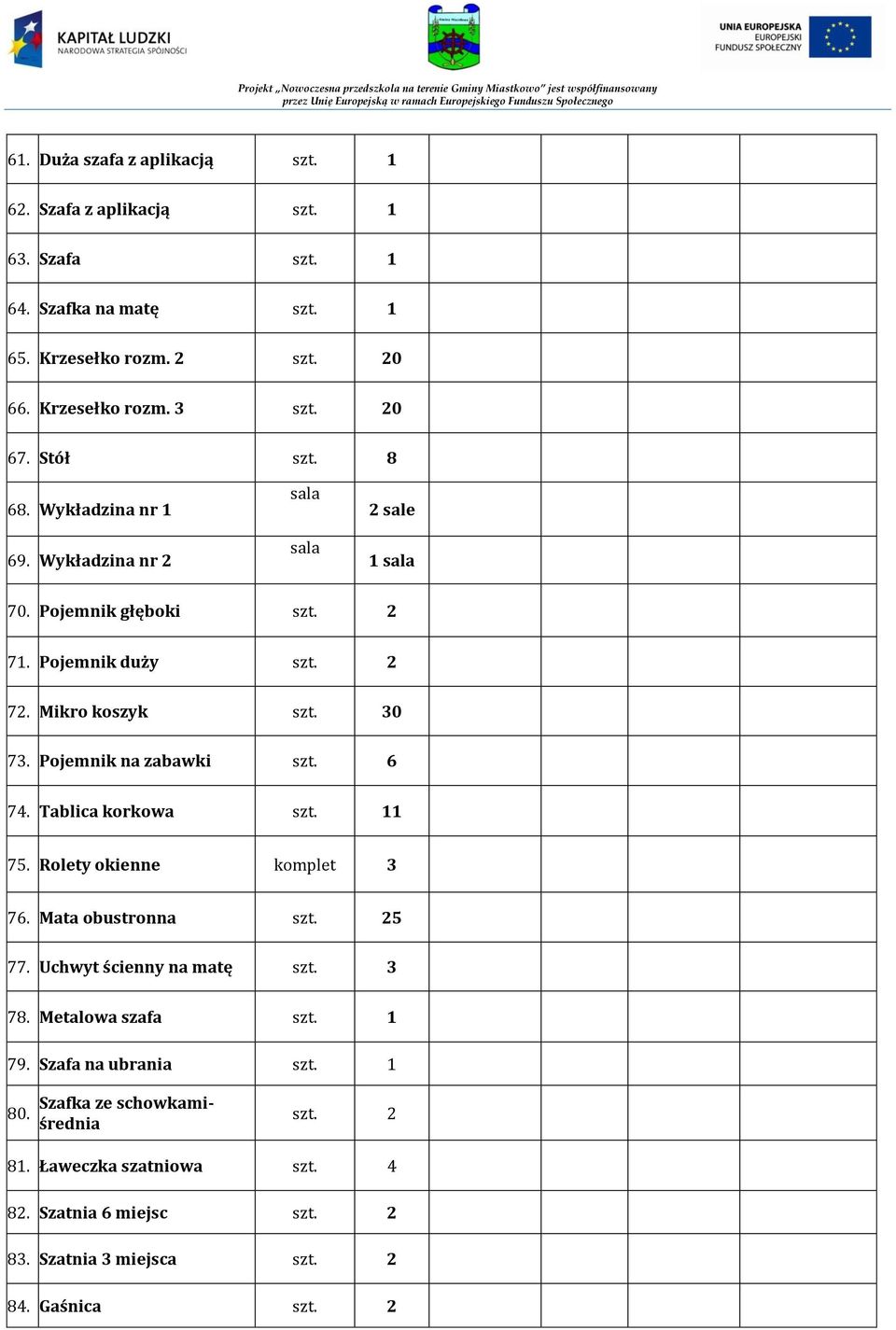 Pojemnik na zabawki szt. 6 74. Tablica korkowa 1 75. Rolety okienne 76. Mata obustronna szt. 25 77. Uchwyt ścienny na matę szt. 3 78. Metalowa szafa 79.