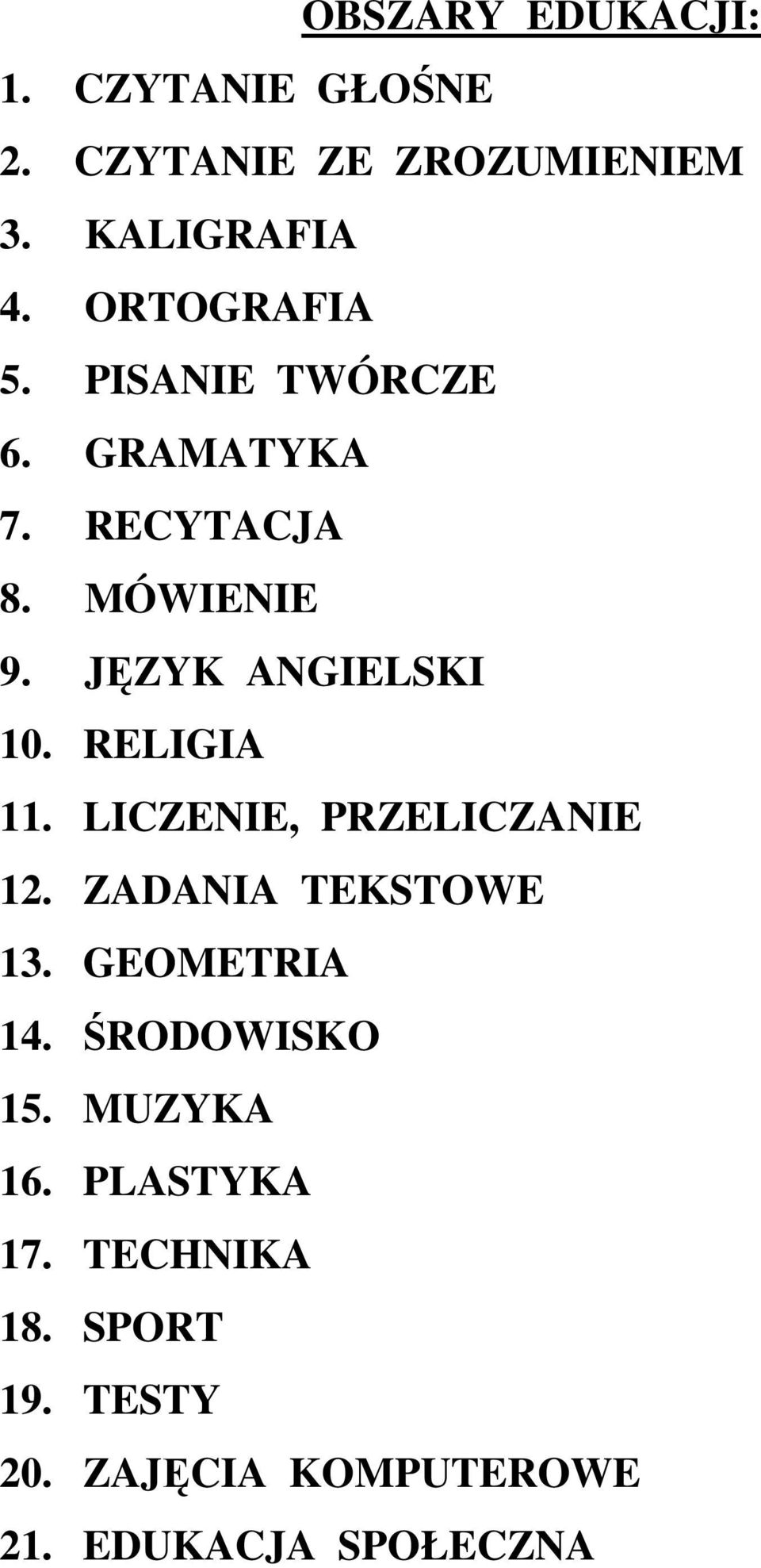 RELIGIA 11. LICZENIE, PRZELICZANIE 12. ZADANIA TEKSTOWE 13. GEOMETRIA 14. ŚRODOWISKO 15.