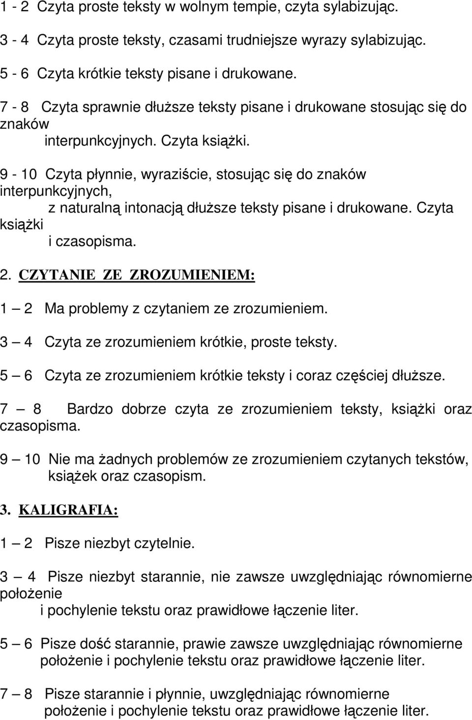 9-10 Czyta płynnie, wyraziście, stosując się do znaków interpunkcyjnych, z naturalną intonacją dłuższe teksty pisane i drukowane. Czyta książki i czasopisma. 2.