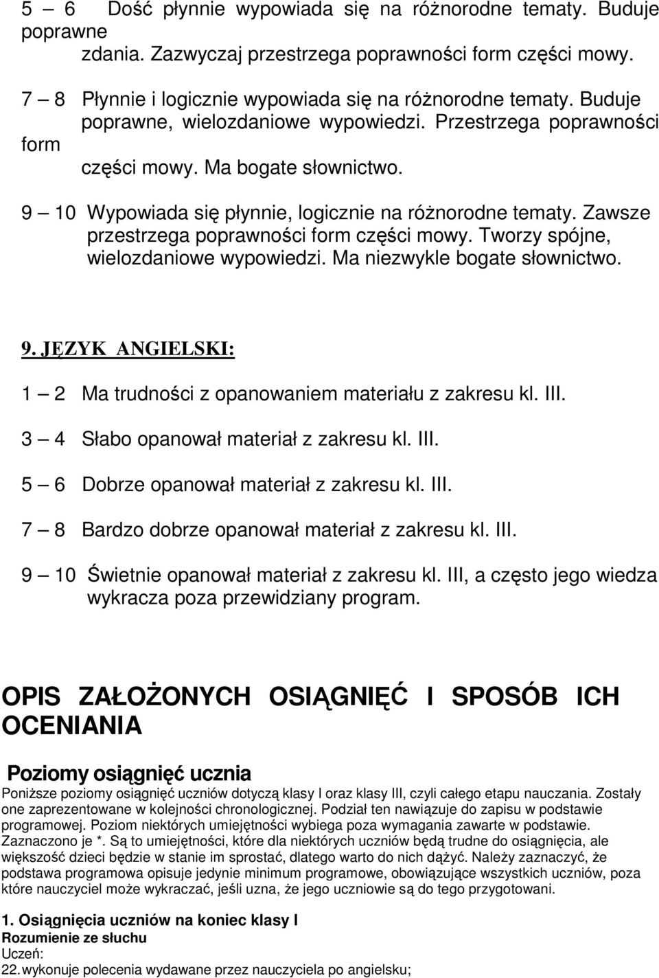 Zawsze przestrzega poprawności form części mowy. Tworzy spójne, wielozdaniowe wypowiedzi. Ma niezwykle bogate słownictwo. 9. JĘZYK ANGIELSKI: 1 2 Ma trudności z opanowaniem materiału z zakresu kl.