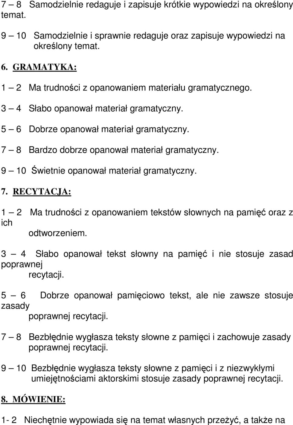 9 10 Świetnie opanował materiał gramatyczny. 7. RECYTACJA: 1 2 Ma trudności z opanowaniem tekstów słownych na pamięć oraz z ich odtworzeniem.