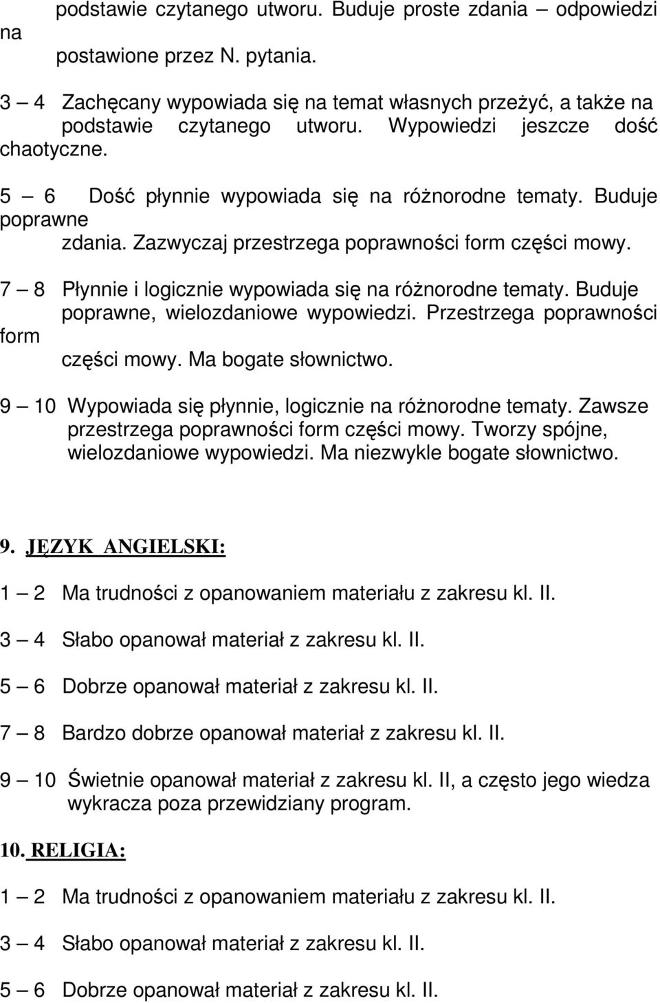 7 8 Płynnie i logicznie wypowiada się na różnorodne tematy. Buduje poprawne, wielozdaniowe wypowiedzi. Przestrzega poprawności form części mowy. Ma bogate słownictwo.