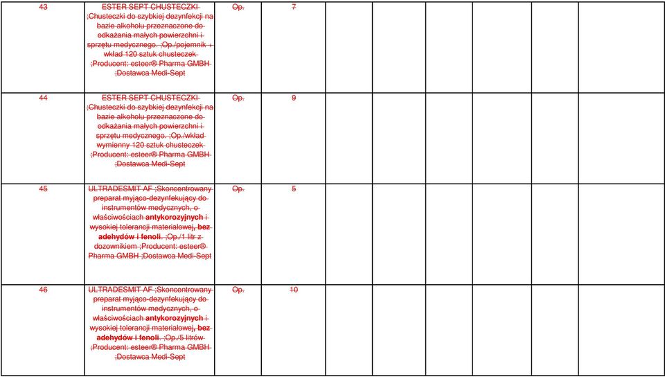 9 45 ULTRADESMIT AF ;Skoncentrowany preparat myjąco-dezynfekujący do instrumentów medycznych, o właściwościach antykorozyjnych i wysokiej tolerancji materiałowej, bez adehydów i fenoli. ;Op.