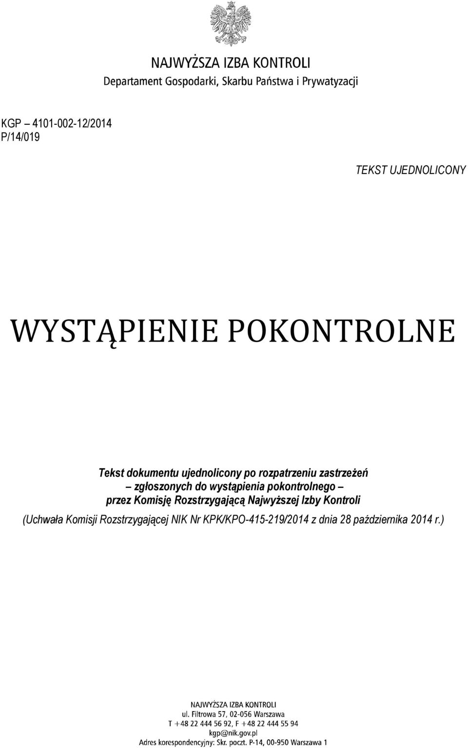 pokontrolnego przez Komisję Rozstrzygającą Najwyższej Izby Kontroli (Uchwała