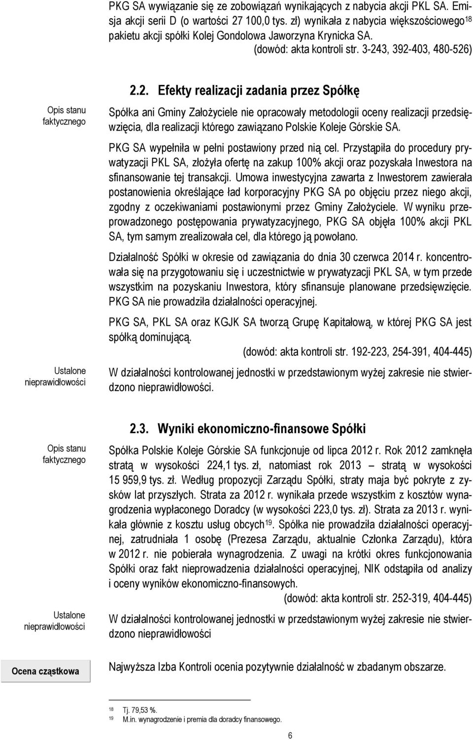 3-243, 392-403, 480-526) Opis stanu faktycznego Ustalone nieprawidłowości 2.2. Efekty realizacji zadania przez Spółkę Spółka ani Gminy Założyciele nie opracowały metodologii oceny realizacji przedsięwzięcia, dla realizacji którego zawiązano Polskie Koleje Górskie SA.