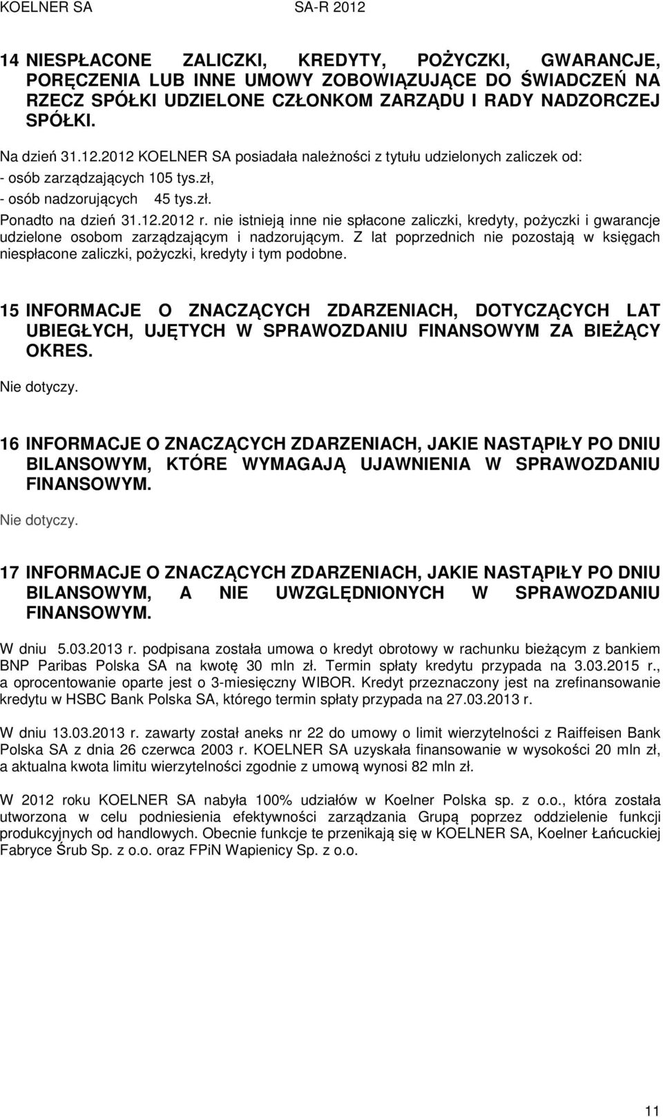 nie istnieją inne nie spłacone zaliczki, kredyty, pożyczki i gwarancje udzielone osobom zarządzającym i nadzorującym.