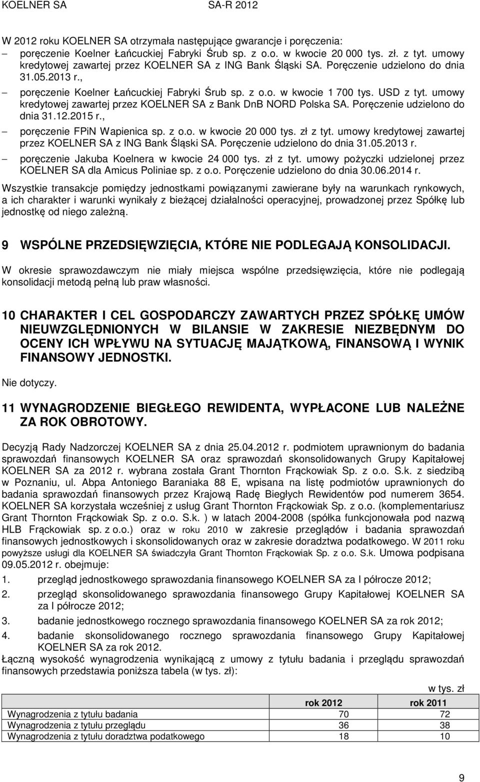 umowy kredytowej zawartej przez KOELNER SA z Bank DnB NORD Polska SA. Poręczenie udzielono do dnia 31.12.2015 r., poręczenie FPiN Wapienica sp. z o.o. w kwocie 20 000 tys. zł z tyt.