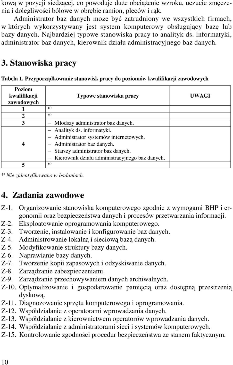 Najbardziej typowe stanowiska pracy to analityk ds. informatyki, administrator baz danych, kierownik działu administracyjnego baz danych. 3. Stanowiska pracy Tabela 1.