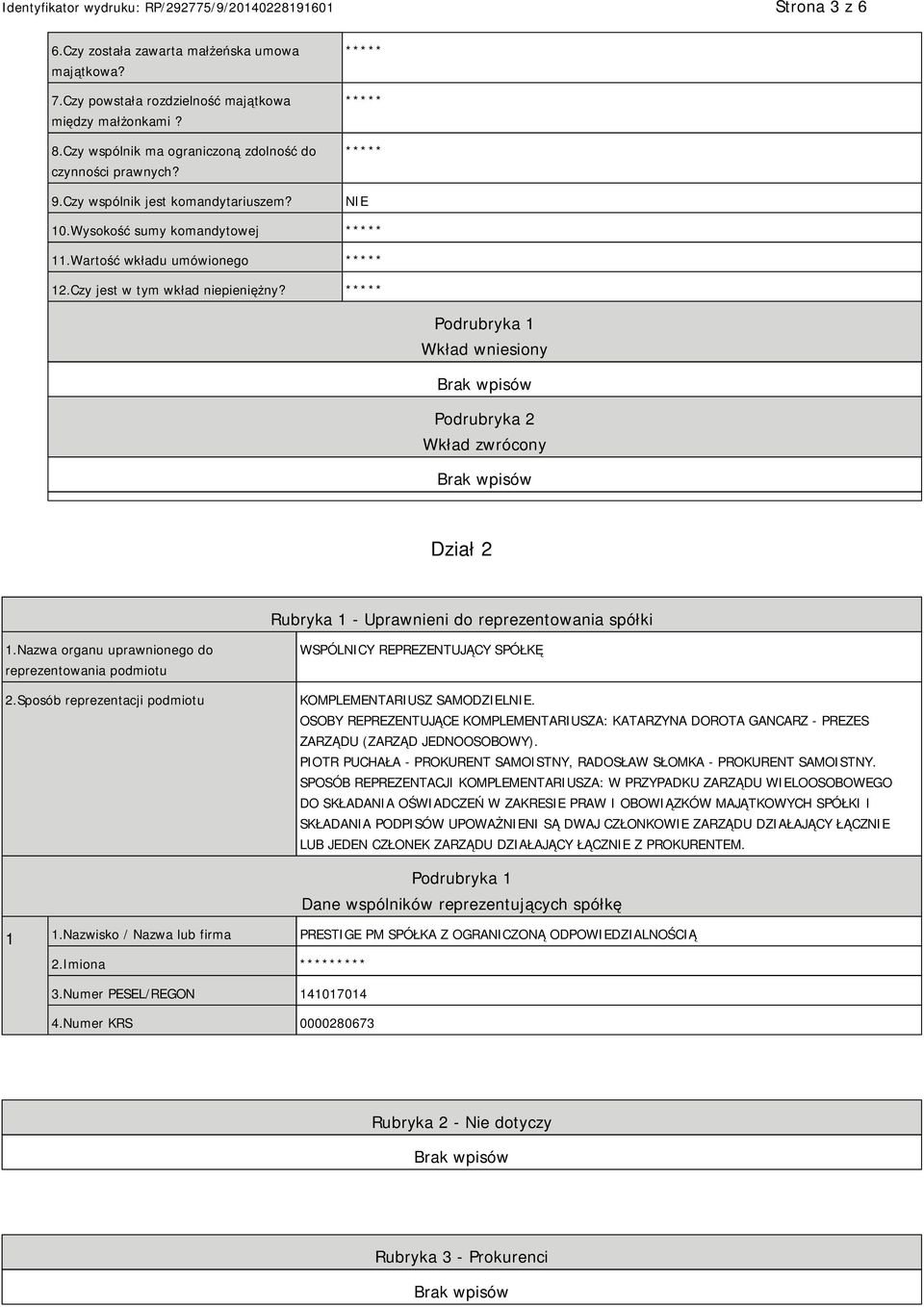 Podrubryka 1 Wkład wniesiony Podrubryka 2 Wkład zwrócony Dział 2 Rubryka 1 - Uprawnieni do reprezentowania spółki 1.Nazwa organu uprawnionego do reprezentowania podmiotu 2.