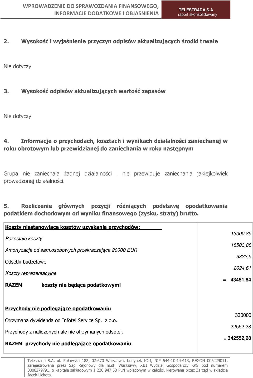 zaniechania jakiejkolwiek prowadzonej działalności. 5. Rozliczenie głównych pozycji róŝniących podstawę opodatkowania podatkiem dochodowym od wyniku finansowego (zysku, straty) brutto.