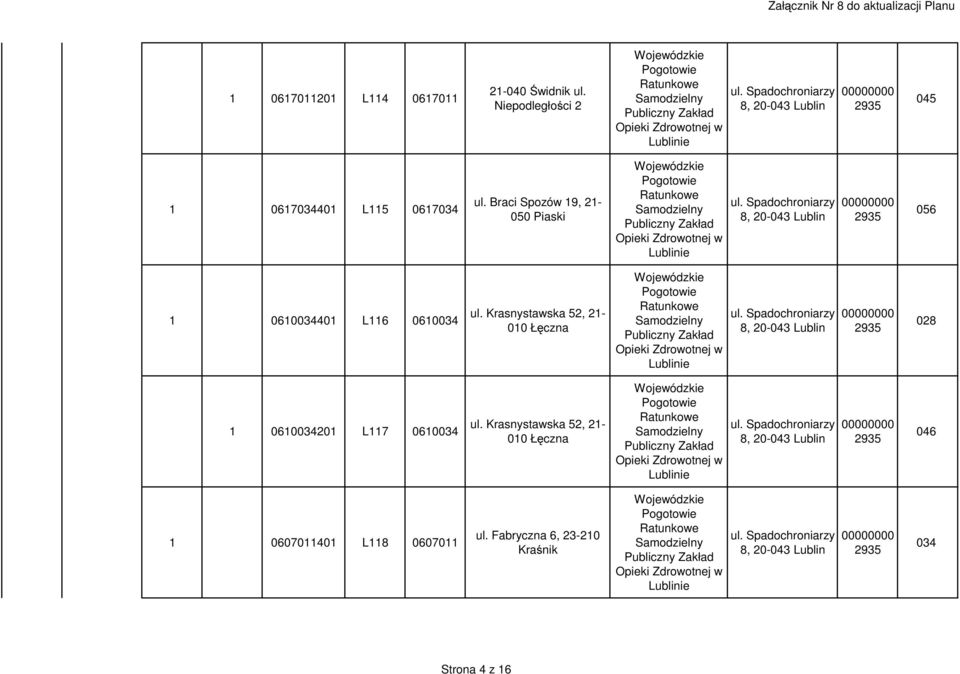 Braci Spozów 19, 21-050 Piaski 056 1 0610034401 L116 0610034 ul.