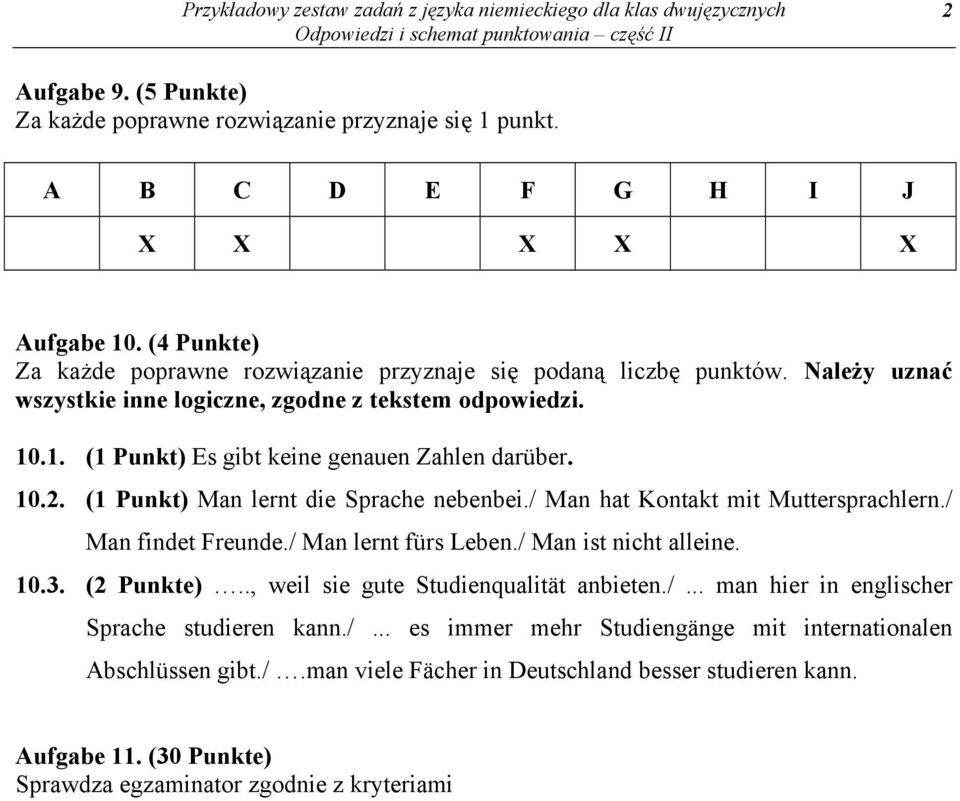 .1. (1 Punkt) Es gibt keine genauen Zahlen darüber. 10.2. (1 Punkt) Man lernt die Sprache nebenbei./ Man hat Kontakt mit Muttersprachlern./ Man findet Freunde./ Man lernt fürs Leben.