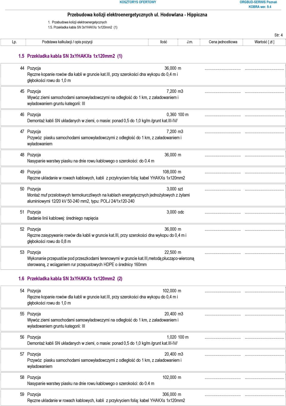 ..... Nasypanie warstwy piasku na dnie rowu kablowego o szerokości: do 0.4 m 49 Pozycja 108,000 m.