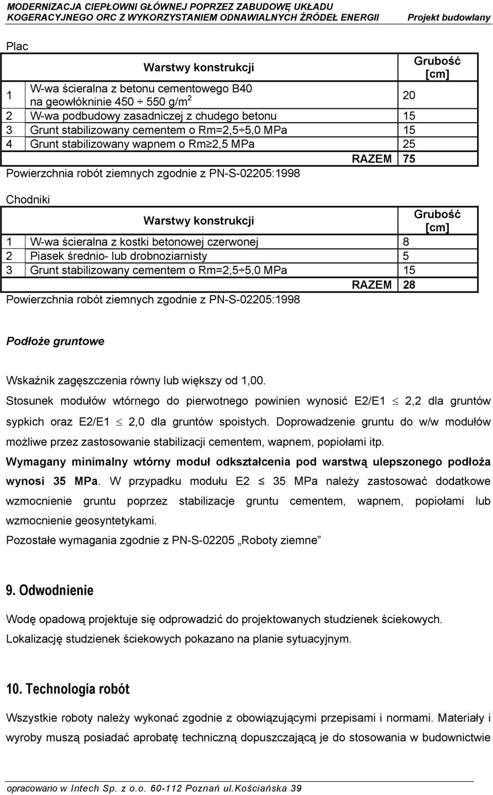 betonowej czerwonej 8 2 Piasek średnio- lub drobnoziarnisty 5 3 Grunt stabilizowany cementem o Rm=2,5 5,0 MPa 15 RAZEM 28 Powierzchnia robót ziemnych zgodnie z PN-S-02205:1998 Podłoże gruntowe