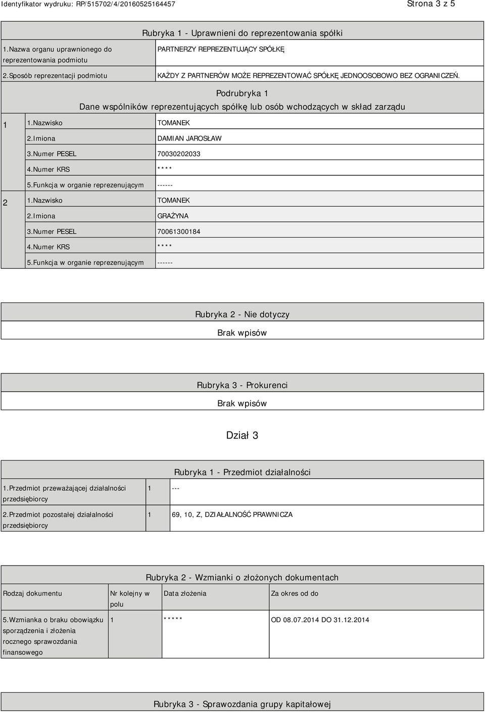 Podrubryka 1 Dane wspólników reprezentujących spółkę lub osób wchodzących w skład zarządu 1 1.Nazwisko TOMANEK DAMIAN JAROSŁAW 3.Numer PESEL 70030202033 4.Numer KRS **** 5.