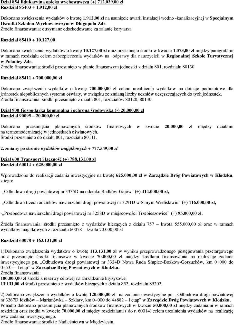 Rozdział 85410 + 10.127,00 Dokonano zwiększenia wydatków o kwotę 10.127,00 zł oraz przesunięto środki w kwocie 1.