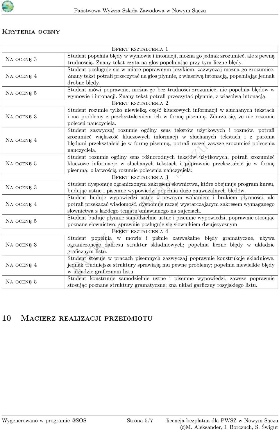 Student pos luguje sie w miare poprawnym jezykiem, zazwyczaj mozna go zrozumiec. Znany tekst potrafi przeczytać na g los p lynnie, z w lasciwą intonacją, pope lniając jednak drobne b lędy.