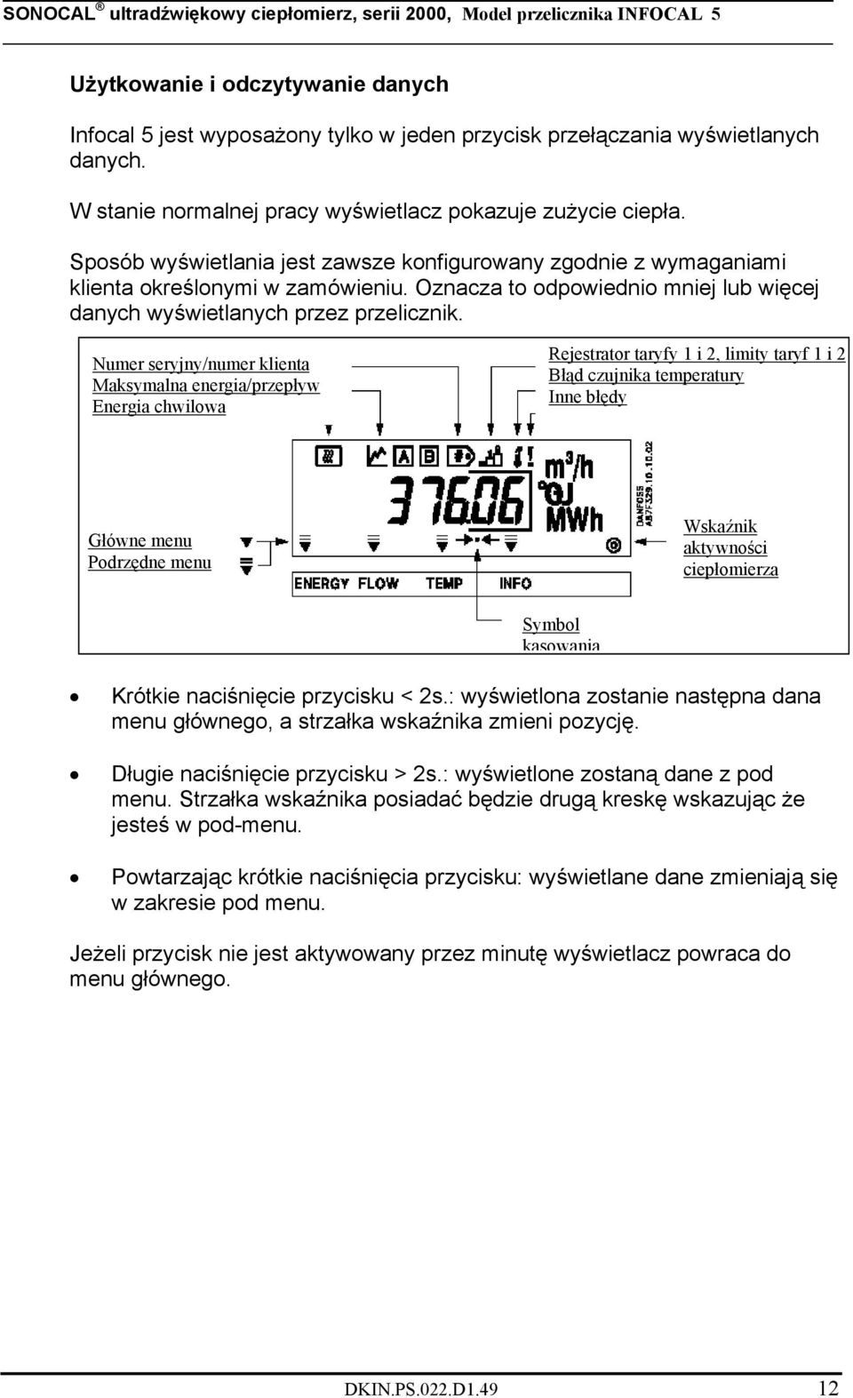 Numer seryjny/numer klienta Maksymalna energia/przepływ Energia chwilowa Rejestrator taryfy 1 i 2, limity taryf 1 i 2 Błąd czujnika temperatury Inne błędy Główne menu Podrzędne menu Wskaźnik