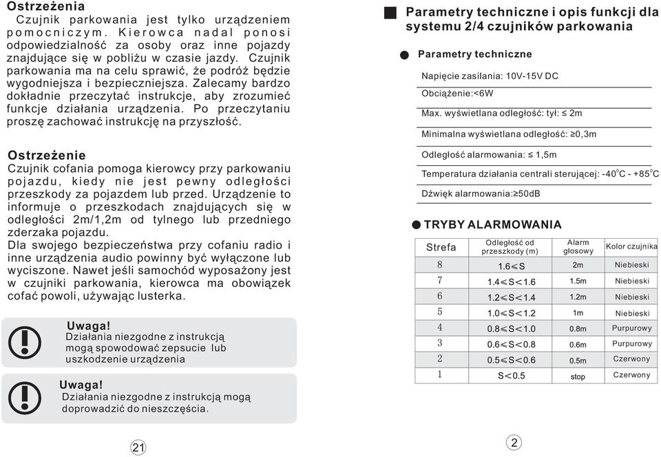 Po przeczytaniu proszę zachować instrukcję na przyszłość. Ostrzeżenie Czujnik cofania pomoga kierowcy przy parkowaniu pojazdu, kiedy nie jest pewny odległości przeszkody za pojazdem lub przed.