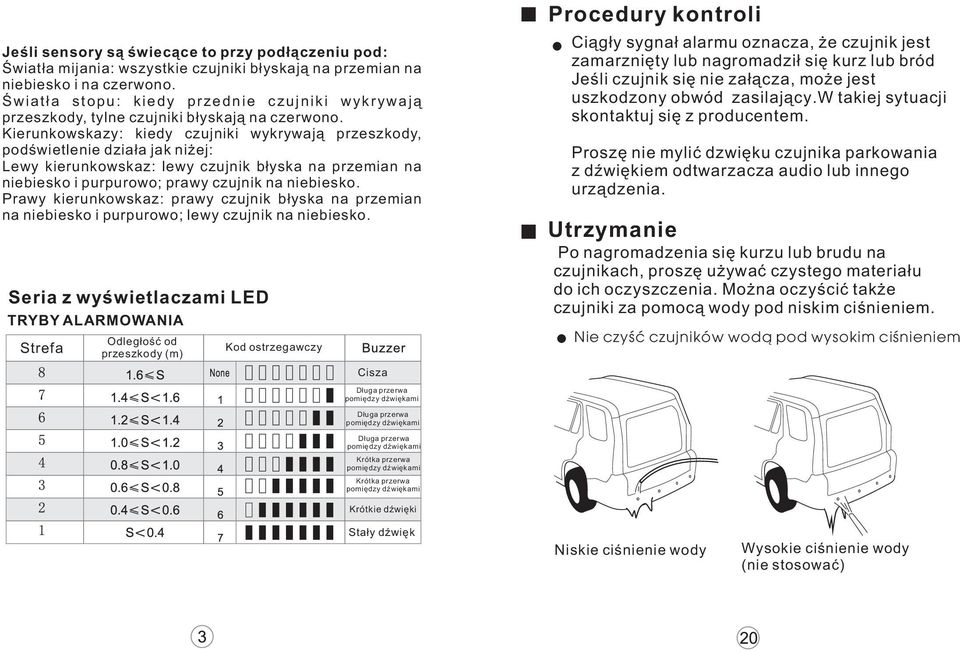 Kierunkowskazy: kiedy czujniki wykrywają przeszkody, podświetlenie działa jak niżej: Lewy kierunkowskaz: lewy czujnik błyska na przemian na niebiesko i purpurowo; prawy czujnik na niebiesko.