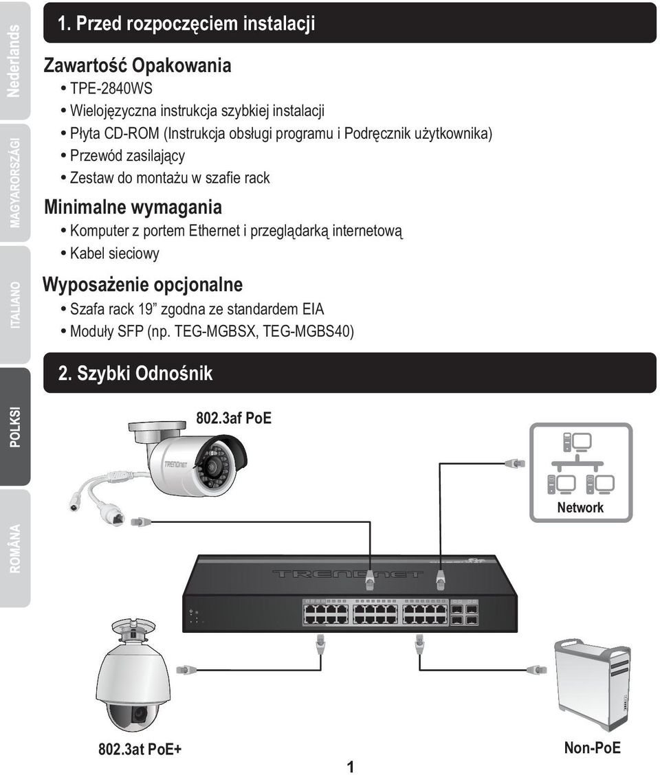 Minimalne wymagania Ÿ Komputer z portem Ethernet i przeglądarką internetową Ÿ Kabel sieciowy Wyposażenie opcjonalne Ÿ Szafa