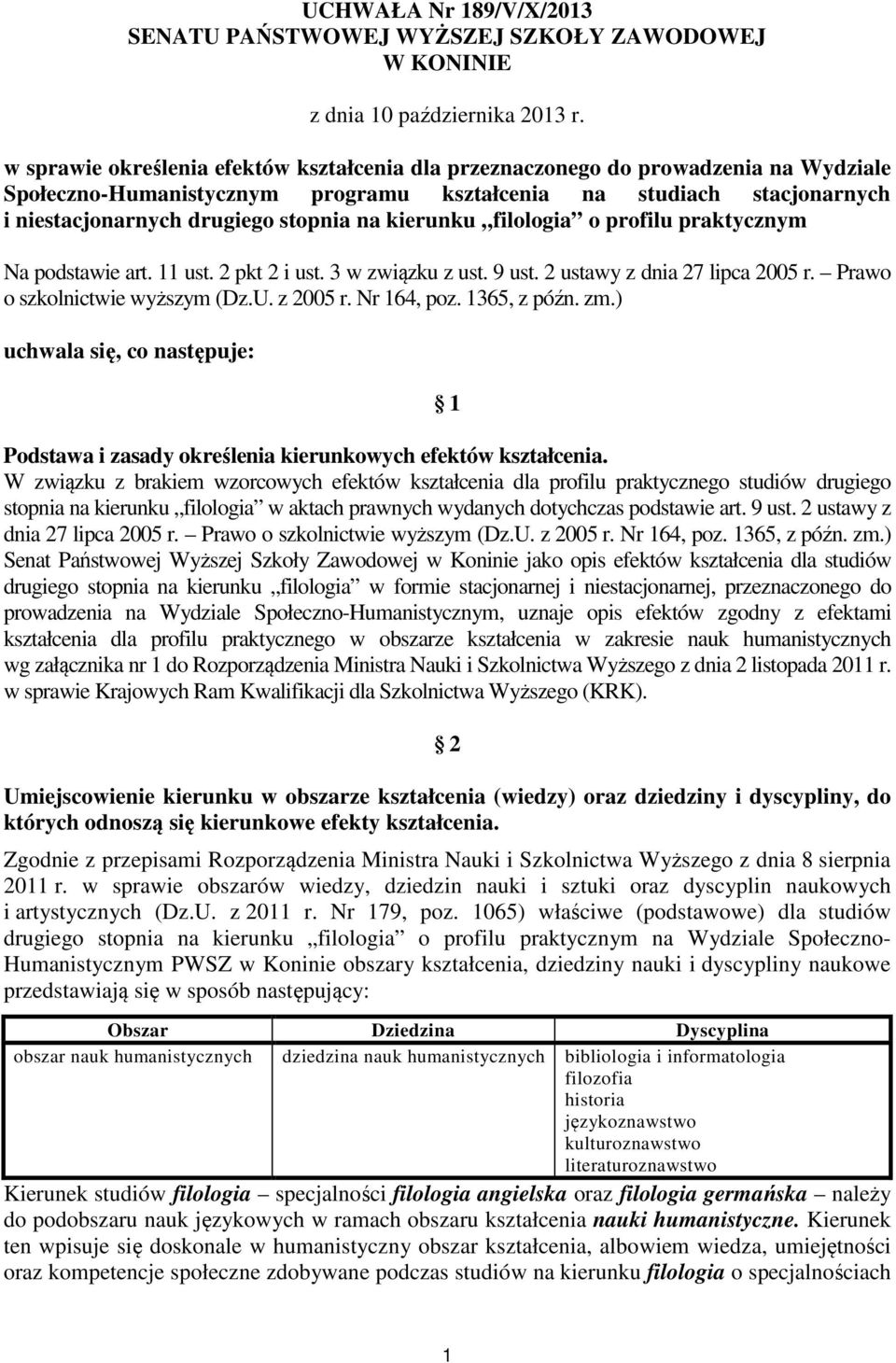 kierunku filologia o profilu praktycznym Na podstawie art. 11 ust. 2 pkt 2 i ust. 3 w związku z ust. 9 ust. 2 ustawy z dnia 27 lipca 2005 r. Prawo o szkolnictwie wyższym (Dz.U. z 2005 r. Nr 164, poz.