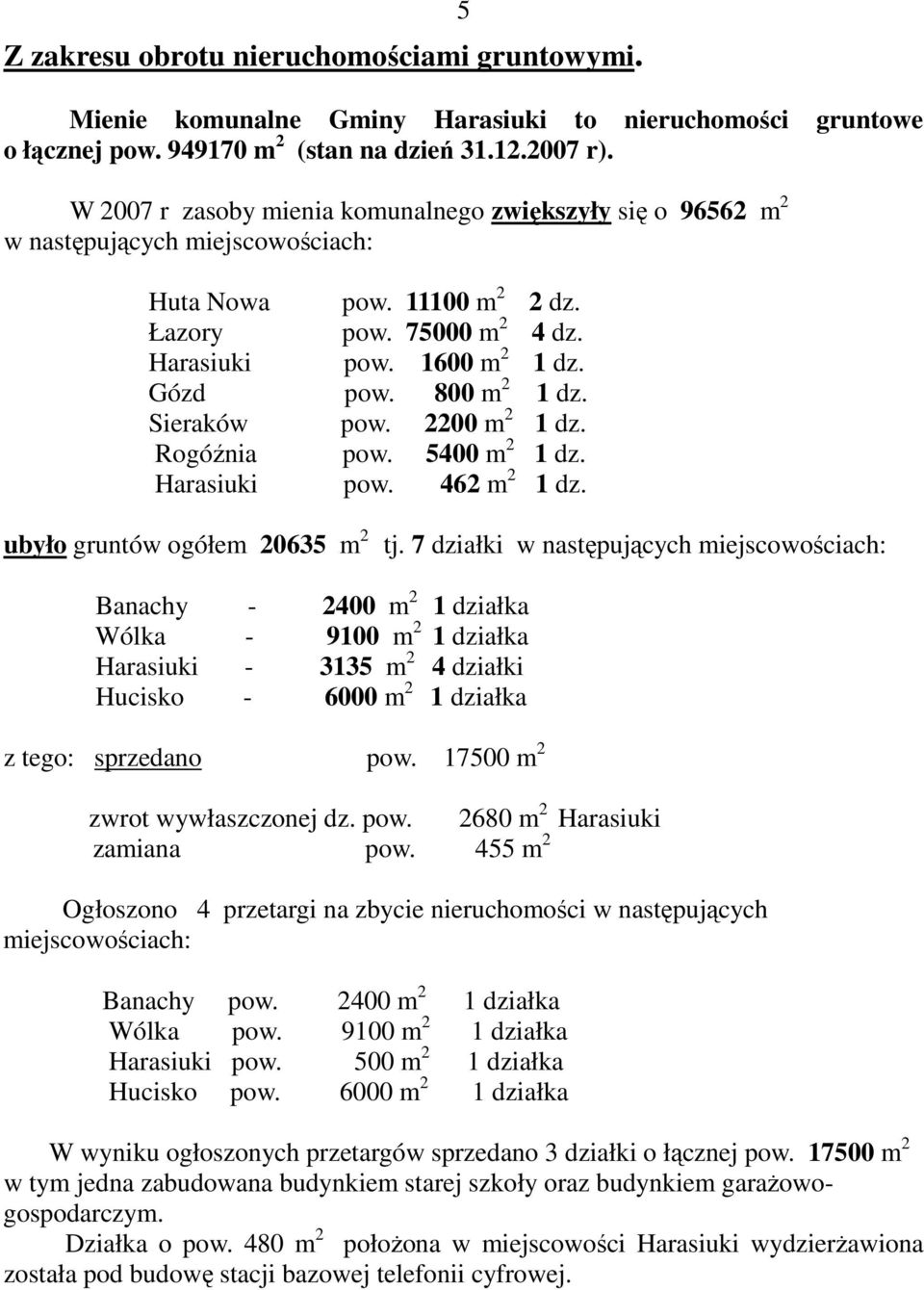 800 m 2 1 dz. Sieraków pow. 2200 m 2 1 dz. Rogóźnia pow. 5400 m 2 1 dz. Harasiuki pow. 462 m 2 1 dz. ubyło gruntów ogółem 20635 m 2 tj.